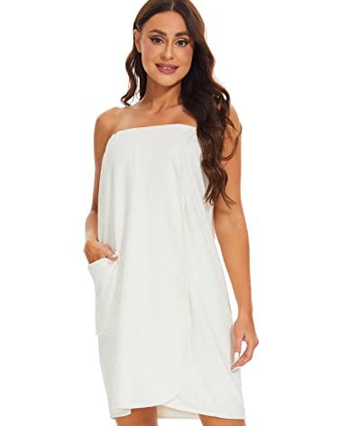 Kniffi Shower Wrap Robe for Women Bath Body Towel Wrap Spa Soft bathrobe with Adjustable Snap Closure White S/M