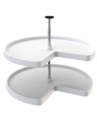 Rev-A-Shelf 2 Tier Kidney Cut Lazy Susan for Corner Base Cabinets, Plastic, 32" Double Shelf Swivel Kitchen Spice/ Can Organizer, White, 3472-32-11-52