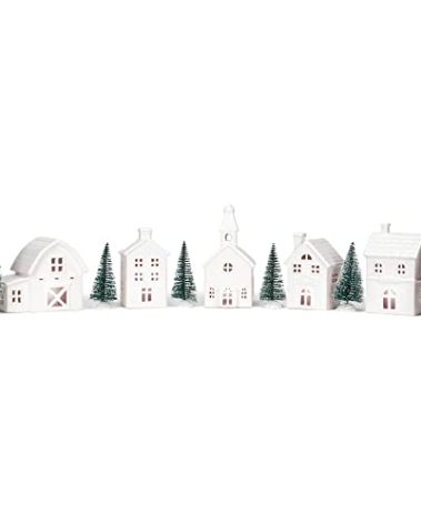 Mark Feldstein & Associates Village with Trees Winter White Glazed Porcelain Holiday Tabletop Figurines, Set of 11, 7 Inch