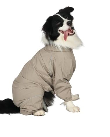 Dog Raincoat for Medium Large Dogs,rain Jacket Coat, Full Leg Coverage Waterproof Rain Suit with Detachable Hood & Tail, Reflective Strips, Snag-Free Top Zipper (Khaki for Girl, Large)