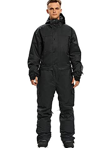 SNBOCON Mens One Piece Ski Suit Colorful Jumpsuits Snowboard Snowsuits Winter Outdoor Waterproof Hooded Warm Jackets for Snow Sports(L,Black)
