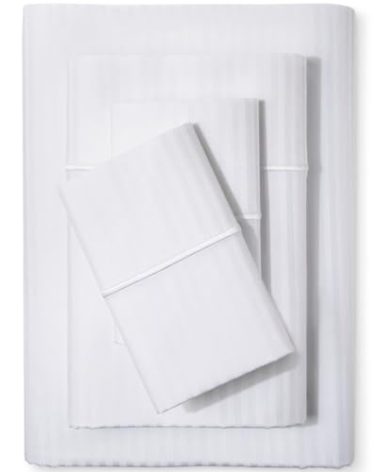 Feather & Stitch 500 TC King Size Damask Bed Sheet Set, 100% Cotton Soft Breathable Bedsheets, 4 Piece 18" Deep Pockets Sateen Weave Striped Bedding Mattress Resort Hotel Luxury- (Stripe White)