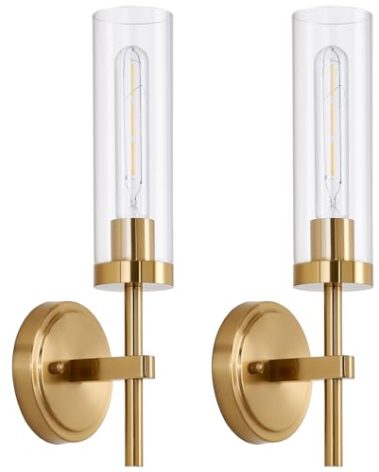 Hardwired Gold Wall Sconces Set of 2, Modern Bathroom Sconces Wall Lighting Vanity Light Fixtures with Clear Glass, Brushed Brass Wall Decor Lights for Mirror Living Room Bedroom Hallway Stairwell