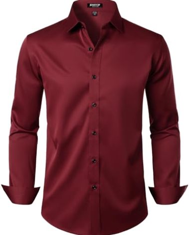 JEMITOP Men's Stretch Wrinkle Free Dress Shirts Formal Wedding Prom Long Sleeve Button Down Shirt Burgundy XXL