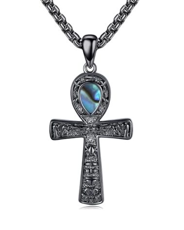 AXOMY Black Ankh Necklace 925 Sterling Silver Ankh Abalone Shell Pendant Necklace Egyptian Pagan Jewelry Mothers Gifts for Women Men