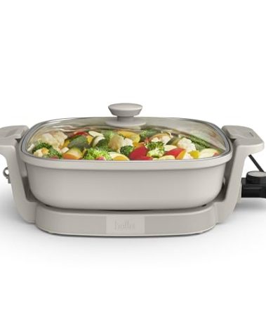 bella Make & Take Electric Skillet, Fits-anywhere™ kitchenware, EverGood™ Ceramic Coating, Adjustable Temperature & Dishwasher-Safe Tempered Glass Lid, Cast Aluminum Base, 1200 Watt, Oatmilk