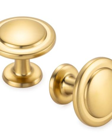 KOOFIZO Round Cabinet Knobs Brushed Gold Cabinet Pulls, Dia. 1-1/4 Inch, 10 Pack Gold Drawer Knobs for Kitchen Cabinets 1960 Drawers Dresser Cupboard Bedroom Bathroom