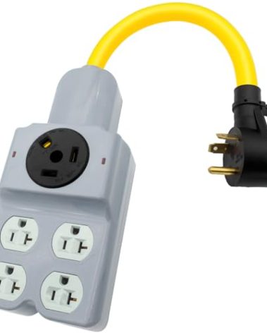 Hoeine 30 Amp to 110 Adapter, RV Electrical 30 Amp to 20 Amp Adapter NEMA TT-30P to TT-30R and 4X 5-20R / 5-15R Heavy Duty Power Distribution for Generators Campers Household Emergency Backup (Gray)