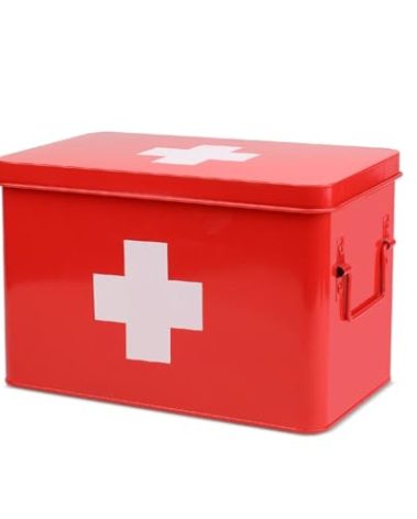 Flexzion First Aid Box Organizer Empty 13" Red Vintage First Aid Kit Tin Metal Medical Box - First Aid Storage Box Container Bins with Dividers, Removable Tray and White Cross Logo