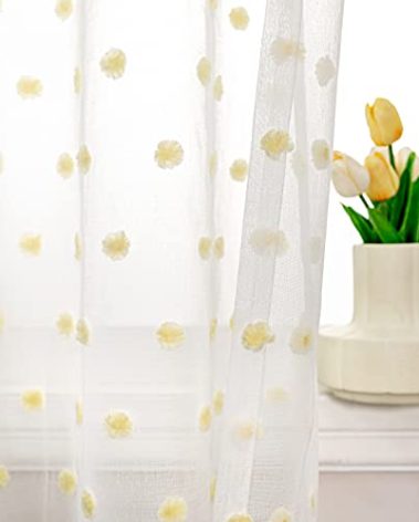 MYSKY HOME Pom Pom Sheer Curtains Rod Pocket Voile Sheer Drapes Window Curtains, 52"W x 72"L (Pack of 2), Yellow Pom Pom, Modern, All Season, Bedroom, Living Room, Nursery Room