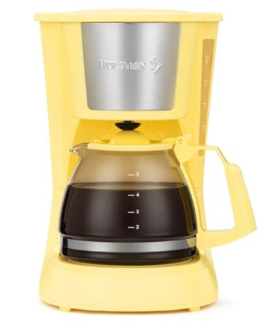 Holstein Housewares 5 Cup Drip Coffee Maker – Compact and User-Friendly with Auto Pause & Serve, Reusable Filter, Measuring Spoon & Glass Carafe, Office & Dorm Use, Yellow