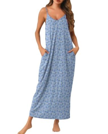 Marvmys Women's Long Nightgown Sleepwear Sexy Cotton Sleep Dress Full Length Sleevelesss Nightshirt Blue Floral 2XL