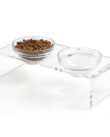 Feoyoho Elevated Acrylic Pet Bowl Stand – Raised Cat & Dog Bowls with 2 Glass & 2 Stainless Steel Bowls, Modern Clear Design, Non-Slip, Easy to Clean, Perfect for Small Pets, 3.75" Tall