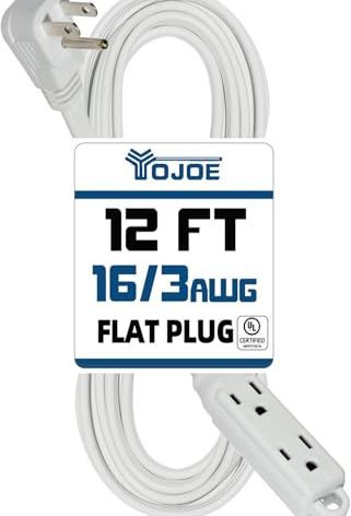 YOJOE 3-Outlets Indoor Extension Cord Outlet Extender, 3 Prong Grounded 13A Power Strip, 16 Gauge Heavy Duty 12 ft White Flat Plug Extension Cord, 16/3 SPT-3 UL Listed
