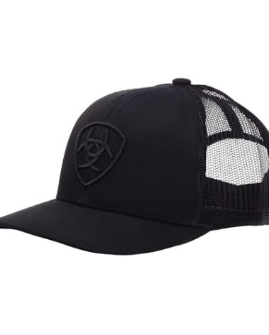 ARIAT Men's Monochrome Shield Logo Cap, Black with Mesh Back, Adjustable Snap-Back Closure