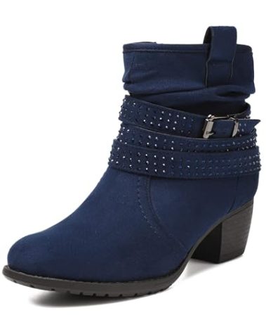 VJH confort Women's Mid Calf Boots,Round Toe Comfort Low Heel Slouchy Dress Booties with Buckle Strap Side Zipper(NAVY BLUE 6.5)