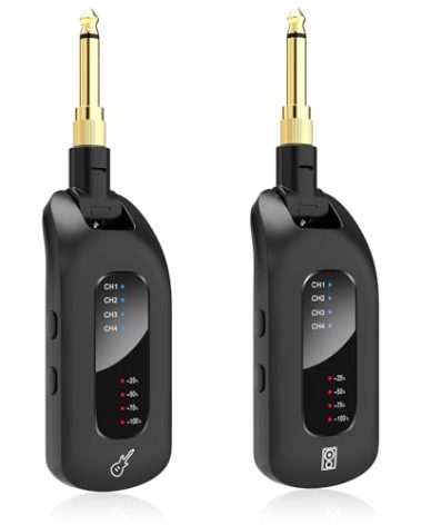 5.8GHz Wireless Guitar Audio System - Rechargeable Transmitter and Receiver with 4 Channels, Low Latency and Over 164ft Long Range Transmission, Compatible Guitar Bass Electric Instruments