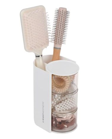 FABROK 3-Layer Clear Hair Accessories Organizer with Hair Brushes Holder, Rotatable Small Jewelry Box for Clip Earring Necklaces, Desktop Organizer Case for Cotton Swab, Accessories