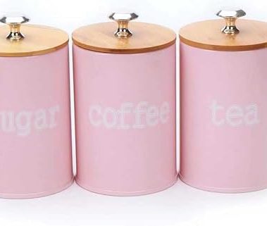 X022S Set of 3 Metal Food Storage Tin Canister/Jar with Bamboo Lid (matte pink)