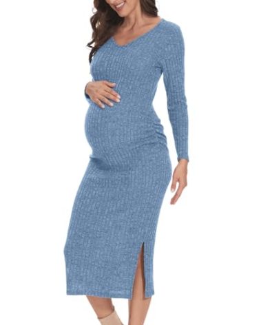 LAHILO Long Sleeve Maternity Sweater Dress for Fall Winter Baby Shower & Photoshoot - Women's Pregnancy Maternity Dresses Sky Blue
