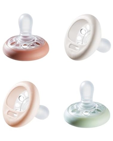 Tommee Tippee Breast-Like Pacifier, 0-6 Months, Symmetrical Design, Natural Breast-Like Baglet, BPA-Free Binkies, Rose/Green/Cream, Pack of 4