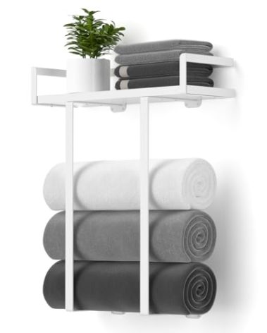 Towel Racks for Bathroom Wall Mounted, Xstydes Metal Towel Holder with Wooden Shelf for Folding Large Towels, Towel Storage for Small Bathroom Organizer Decor or RV Camping,White