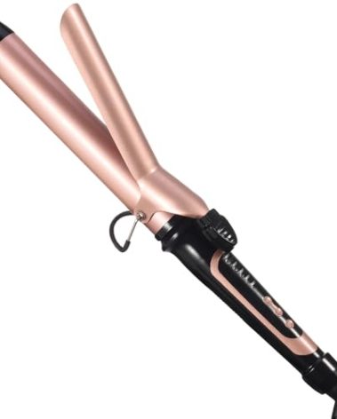 Lanvier 1.25 Inch Clipped Curling Iron with Extra Long Tourmaline Ceramic Barrel, Professional Hair Curler up to 450°F Dual Voltage for Traveling, Hair Waving Style Tool for Girls & Women-Rose Gold