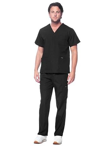 Dagacci Scrubs for Men Set - V-Neck Scrub Top and Cargo Pants - 8 Pockets Men Scrubs Set (Small, Black)