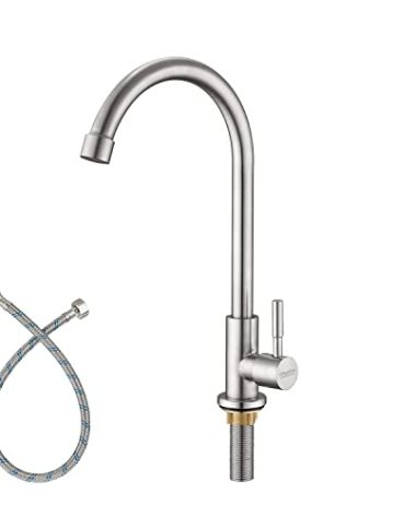 KirlystonE Cold Water Only Kitchen Faucet, Solid Stainless Steel Bar Deck Mount Cold Faucet for Outdoor Sink with Supply Line