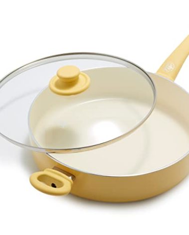 Greenlife Soft Grip Healthy Ceramic Nonstick, 5QT Saute Pan Jumbo Cooker with Helper Handle and Lid, PFAS-Free, Dishwasher Safe, Yellow