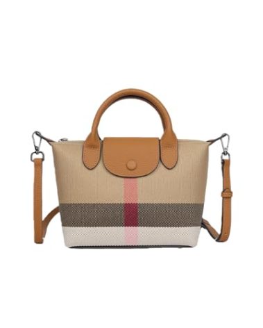 FLOBLURA Vintage Plaid Crossbody Bag for Women Classic brown Tartan Check Shoulder Purse with Genuine Leather Trim Top Handle and Adjustable small clutch purse Mini Color Block Handbag