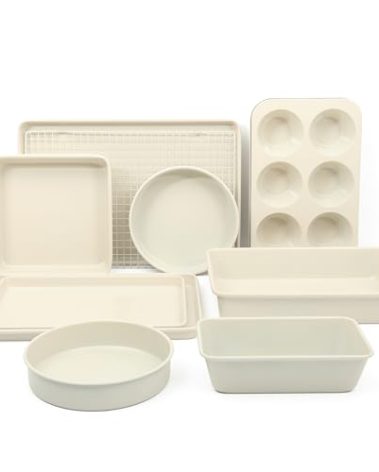 Martha Stewart Gallen 10 Piece Baking Pans Ceramic PFA Free Non Toxic Non Stick Bakeware Set - Linen White