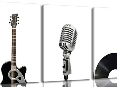 Black And White Music Canvas Wall Art Vintage Musical Instruments Posters Prints Guitar Microphone Record Painting Pictures for Music Room Wall Decor Musical Studio Decor Living Room Framed