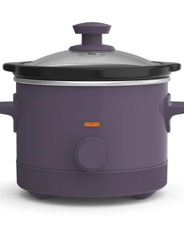 bella 1.5 Qt Slow Cooker with 3 Heat Manual Control, Ceramic Nonstick Coating, Dishwasher Safe Stoneware Pot and Tempered Glass Lid, Tangle Free Cord Wrap & Cool Touch Handles, Plum