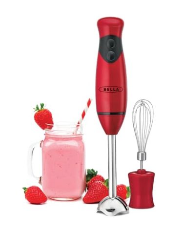 BELLA 2-Speed Hand Immersion Blender with Whisk Attachment, 250 Watt, Red, Immersion Blender with Dishwasher Safe Whisk & Blending Attachments for Food Prep (14460)
