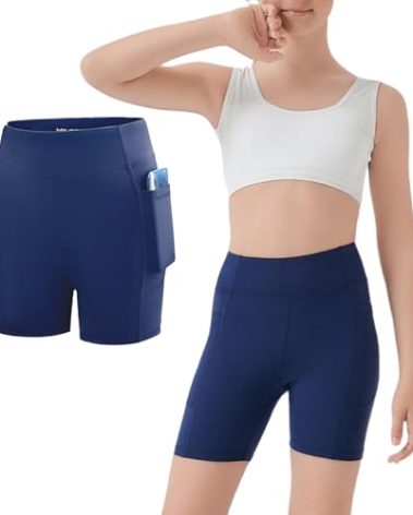 MEJING Girls Biker Shorts Size 7-8, Kids Navy Blue Volleyball Athletic Running Cheer Shorts, Yoga Gymnastics Compression Short with Pockets