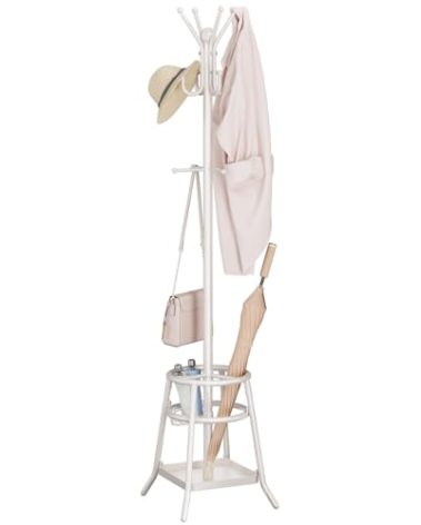 Orekemo Heavy Duty Freestanding Coat Rack with 12 Hooks & Umbrella Holder - White Metal Clothes Hat Sturdy Standing Hall Tree for Entryway, Living Room, Bedroom, Office Organization (White)