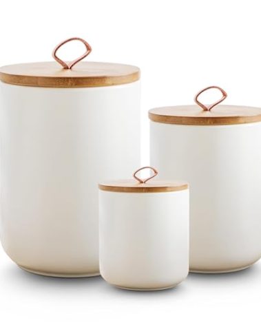 Sowlvenco White Ceramic Canister Set with Wooden Lid, 3-Piece Food Storage Jars for Kitchen Counter, Storage Container for Coffee, Tea, Spice, Sugar, Grains, Salt