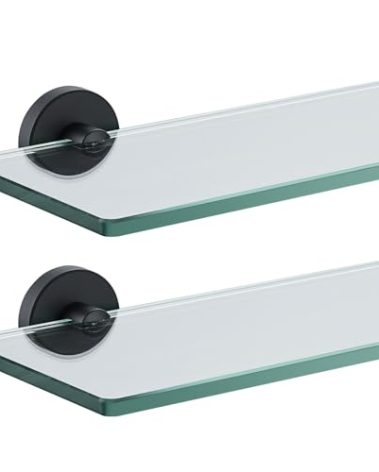 JQK Bathroom Glass Shelf Black, Tempered Glass Shower Storage 12 by 5 inches, 304 Stainless Steel Matte Black Wall Mount 2 Pack, TGS101L12-PB-P2