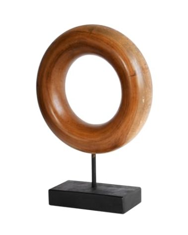 JOLLYMER Teak Wood Carved Donut Shaped Sculpture with Wood Stand, Handmade Art Stature Museum Style Ornaments Decoration for Home Office, Living Room, Bedroom, 8.7" x 2.8" x 12"