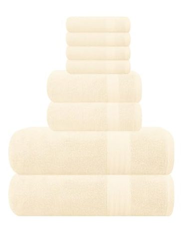 GLAMBURG Ultra Soft 8-Piece Towel Set - 100% Pure Ringspun Cotton, Contains 2 Oversized Bath Towels 27x54, Hand 16x28, 4 Wash Cloths 13x13 Ideal for Everyday use, Hotel & Spa Ivory Cream