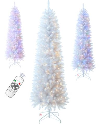 6FT Pre-lit Pencil White Christmas Tree Spruce with Remote Control, 250 Warm White Multi-Color Lights, Artificial Hinged/Slim/Skinny/Feel Real/Realistic for Home, Holiday Decoration 6 Feet