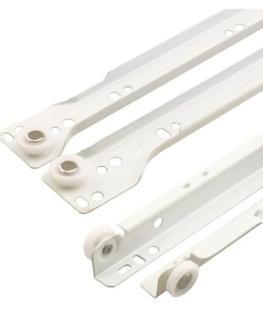 Prime-Line R 7210 Drawer Slide Kit – Replace Drawer Track Hardware – Self-Closing Design –Fits Most Bottom/ Side-Mounted Drawer Systems –15-3/4 In. Steel Tracks, Plastic Wheels, White (1 Pair)