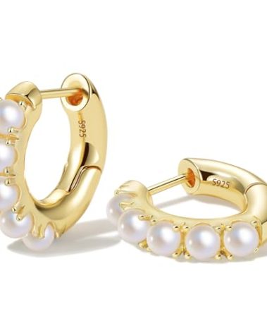 GLOQUAT 14k Gold Plated Pearl Huggie Earrings for Women Sterling Silver Post Pearl Earring Gold Huggies with Pearls Hypoallergenic Teacher Earrings Trendy Jewelry for Birthday Anniversary Wedding