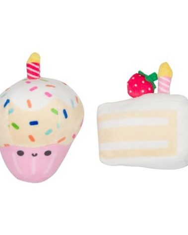Pearhead Happy Birthday Cake Cat Toy Set, Stuffed Birthday Cake and Cupcake Cat Toys with Catnip and Squeakers, Interactive Fun Kitten Toys, Pet Owner Pet Birthday Gift, Ideal for Cat Lovers, Set of 2