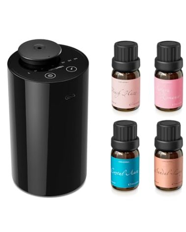 Airversa Waterless Essential Oil Diffuser Starter Kit with 4 x 10mL Fragrance Scent Oil, Battery Operated Mini Scent Air Machine Portable Diffuser for Home Car Office, AN6 Black Kit01
