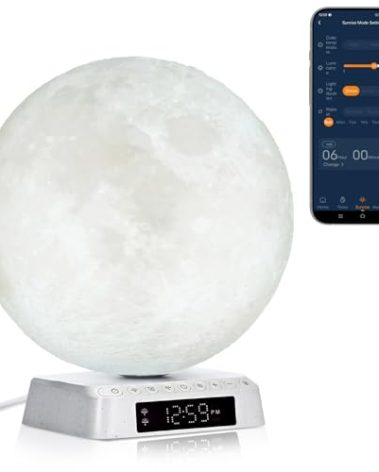 JUXLamp Sunrise Alarm Clock Wake Up Light - 3 Color LED Lamp with Sound & Light Awakening, Bioclock Adjustment & APP Control, Moon-Shaped Linen Lamp Shade for Bedroom Bedside