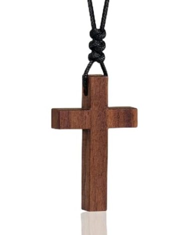 Holy Fringe Natural Walnut Wood Cross Necklace for Men & Women - Small Wood Cross Pendant Necklace for Car Mirror - Wooden Religious Pendant Jewelry (1.5" x 0.94")