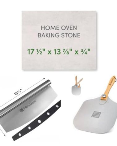 FibraMent-D Premium 3-Piece Pizza Stone Set – 17½" × 13⅞" × ¾" Rectangle Baking Stone with Peel & Rocker Cutter – Made in USA – Ranked Best Overall Pizza Stone for Even Heat & Crispy Crusts