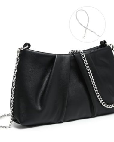 Dasein Elegant Pleated Evening Bag Soft Vegan Leather Clutch Purse Dressy Formal Handbag with 2 Chain Straps for Women (Black)